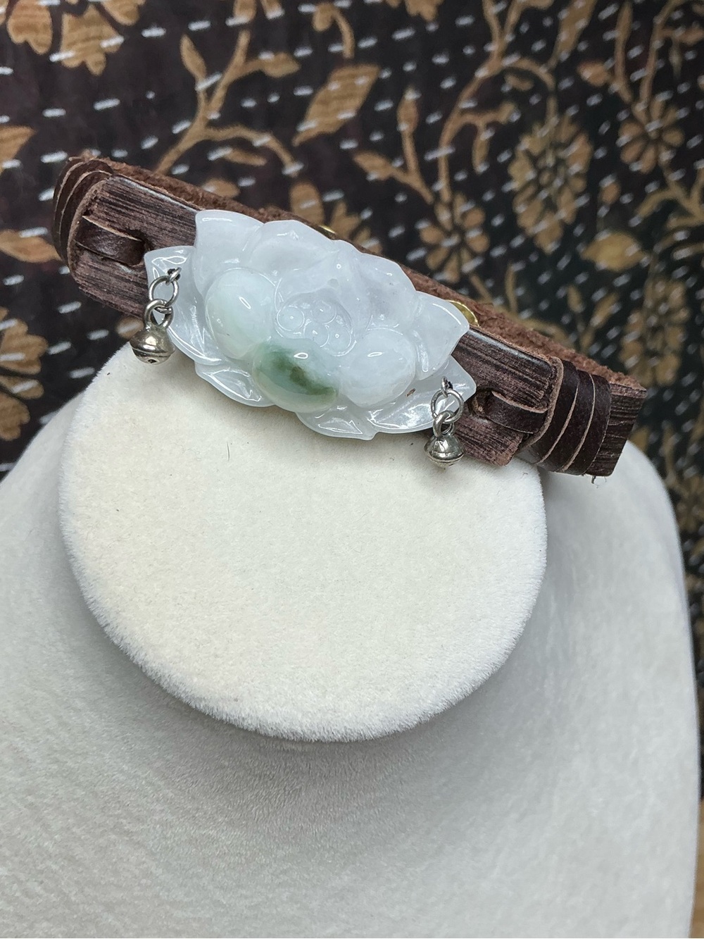 Light Leather Snap Strap with Jadeite Lotus